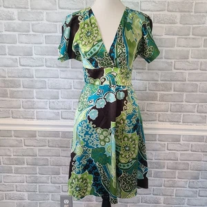 Vestido envolvente de seda Banana Republic cuello en V cachemira Groovy Hippie retro 2 verde azul - Imagen 1 de 8