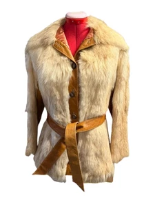 Vintage 70's Fur & Tan Leather Penny Lane Jacket Coat w/Belt Hippie Boho Sz S M - Picture 1 of 13