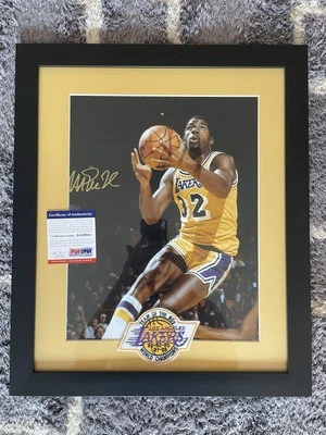 MAGIC JOHNSON SIGNED 16X19" PHOTO ON A CUSTOM BLACK FRAME PSA COA W/ PATCH JB4 - Image 1 of 4