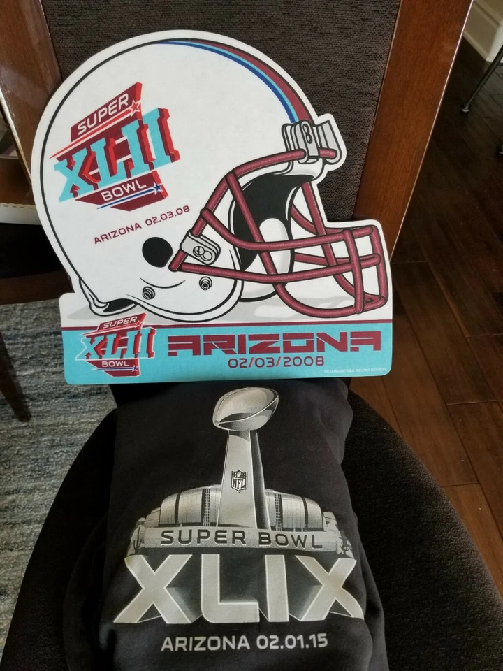 NFL Super Bowls XLIX 2015 Negro XL Hoody Plus Raro 2008 XLII Fieltro Signo Souvenirs Foto 1 de 4