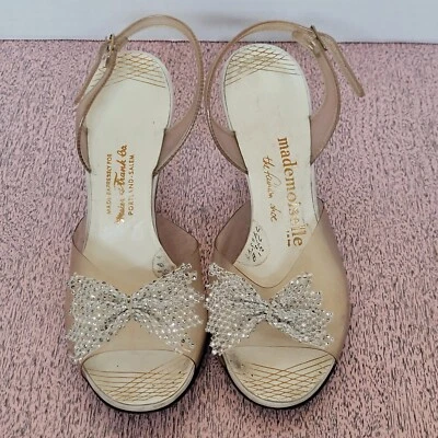 Vtg 1950s Mademoiselle Clear Carved Lucite High Heels Slingback Sandals Bows 7.5 - Image 1 of 4