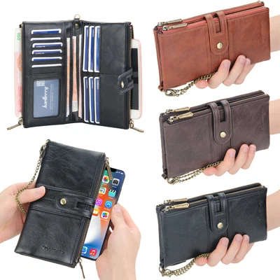 Cartera larga de cuero para hombre con bloqueo RFID doble pliegue soporte para tarjeta de crédito bolso sin asas regalos Foto 1 de 4