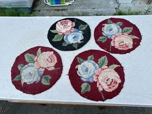 Set Of 4 Vintage Hooked Rug Roses Flowers Type Round Chair Seat Cushions - Picture 1 of 11