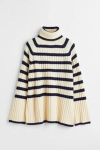 SOLD OUT H&M Wool Blend Stripe Turtleneck Roll Neck Jumper Sweater XS Cream - Picture 1 of 8