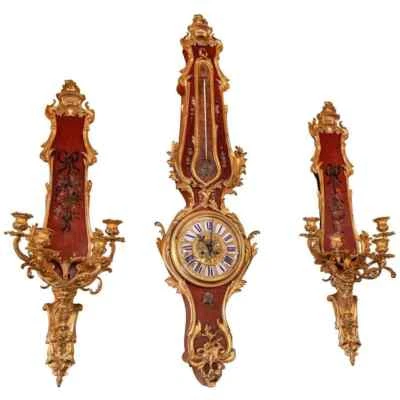 Louis XV Style Vernis Martin Japanned Barometer Clock and Sconces - Image 1 of 4