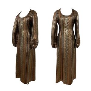 Vtg Vintage 1970s 70s Copper Metallic Lamé Brocade Boho Glam Maxi Dress
