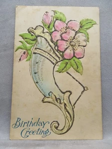 Cartolina Auguri Compleanno Cornucopia Blu e Glitterata con Fiori Rosa - Foto 1 di 2