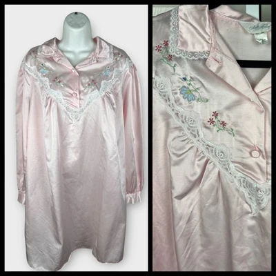 80s Pink Satin Lace Embroiderd Cotton Lined Night Sleep Shirt Large Jodie Arden - Image 1 of 4