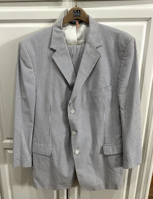 Jos A. Bank Men's Blue Savannah Seersucker Suit Jacket & Pants Set Size 48L - Image 1 of 4