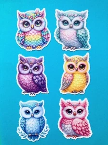 COLOURFUL OWLS - 6 x Die Cuts Toppers Card Making Watercolour Rainbow Pink Blue - Picture 1 of 4