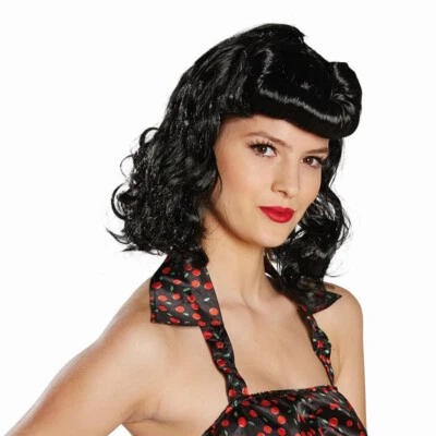 MOTTOLAND SCHWARZE DAMEN PERÜCKE # 50er 60er Jahre Rockabilly Rock'n'Roll Karneval Kostüm