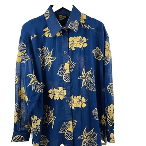 C Water Long Sleeve Shirt Women Large Blue Gold Floral Original Handpaint Sheer - Picture 1 of 10
