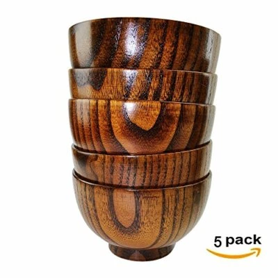 Conjunto de 5 tigelas de madeira maciça estilo japonês salada arroz sopa missô frutas presente/decoração  - Imagem 1 de 4