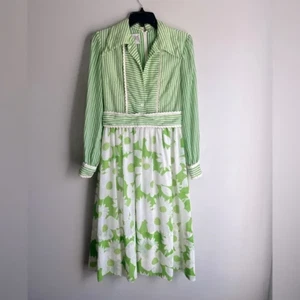Vintage Gavi 1960’s-1970’s Green White Floral Striped Size 12 Mid Century Dress - Picture 1 of 11