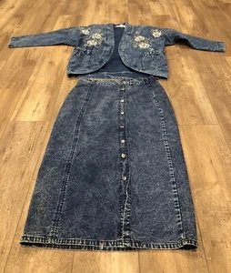 Vintage City Swingers Denim Jacket Blue Embroidered Bead Art and Skirt Size S - Picture 1 of 20