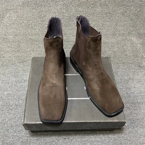 Italian Style British Mens Real Suede Leather Chelsea Ankle Boots Square Toe Zip - Picture 1 of 34