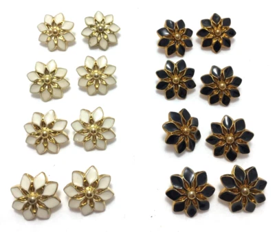 shank craft buttons 2 sets of 8 each white/gold and black/gold floral flowers - Image 1 of 4