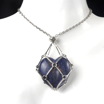 Collar Ajustable Colgante Corazón Sodalita Azul Natural Red Tejida Metal Foto 1 de 4