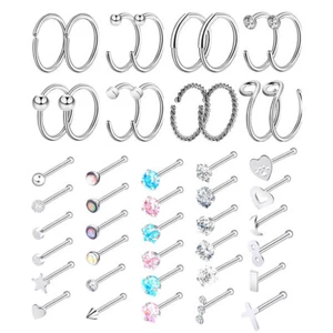16-46Pcs 20G Nose Ring Hoop Straight Bone Stud Set Surgical Steel Body Piercing - Picture 1 of 8