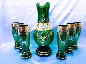 Czech bohemia crystal glass - Green Wine set decorated gold and enamel 6+1 II. - Picture 1 of 8