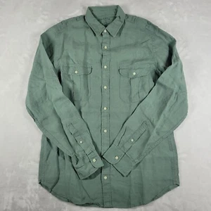 J Crew Irish Linen Button Up Long Sleeve Shirt Men's Large Tall Green Classic - Picture 1 of 7