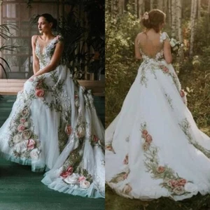 Boho A-Line Wedding Dress Spaghetti Straps Backless Lace 3D Floral Bridal Gowns - Picture 1 of 9