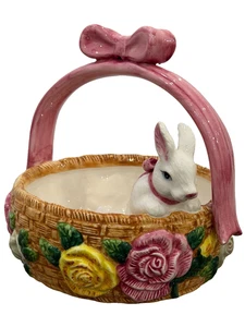 Ceramic Easter Bunny Basket Pink Bow Floral Accents Hand Painted 8” T X 8.25” W - Picture 1 of 10