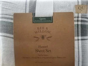NEW Bee & Willow Flannel QUEEN Cotton Winter Plaid Charcoal Sheet Set - Picture 1 of 4