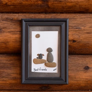 "Best Friends" Pebble Art by Mimi 5x7 Dog Man's Best Friend Framed Wall Decor - Picture 1 of 2