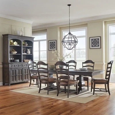 7 Piece Trestle Table Set in Rubberwood Solids & Split Heart White Oak Veneers - Image 1 of 2