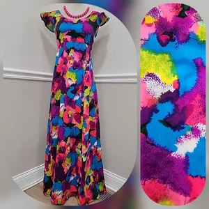 Vintage Psychedelic Tropical Hawaiian Ruffled Sleeves Mumu Maxi Dress - Picture 1 of 13
