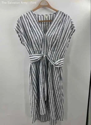Vestido Max Studio para mujer blanco gris a rayas manga corta línea A talla grande Foto 1 de 4