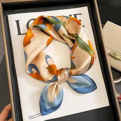 100% Mulberry Silk 20" small Square Scarf Women neckerchief Wrap Orange Flowers - Image 1 of 4