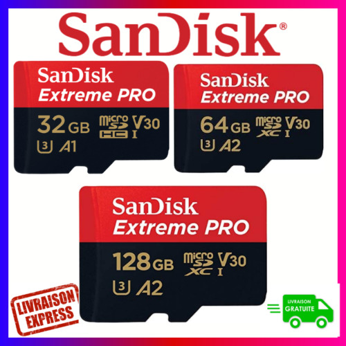 Carte Mémoire sandisk Micro SD 32Go 64Go 128Go 256Go Adaptateur jusqu'à 200 Mo/s
