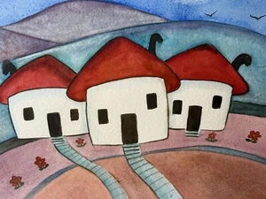 Wanda Hein Original Watercolor 3 Houses w/ Red Roofs Framed Tucson AZ Artist - Picture 1 of 12