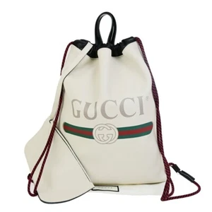 GUCCI GG Logo Sherry Print Drawstring Backpack Bag Leather White Italy 84FB214 - Picture 1 of 17