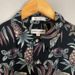 Vintage 80s Pierre Cardin Shirt Hawaiian Subtle Men Size Large Black Pineapple - Picture 1 of 12