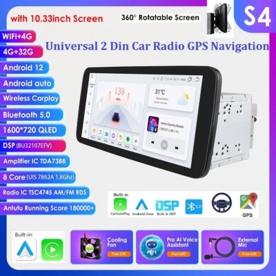 10.33" QLED Screen 2 DIN Android 12 CarPlay Stereo Radio 4+32GB RDS GPS Navi DSP - Image 1 of 4