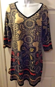 ARYEH Sweater Dress Floral Tribal Geo Print Black Blue Tan Red Knit V-Neck Sz M - Picture 1 of 6