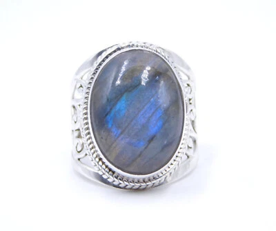 7.70 GM 925 Argento Sterling Naturale Labradorite Cab Gemma Jali Misura Anello - Immagine 1 di 4