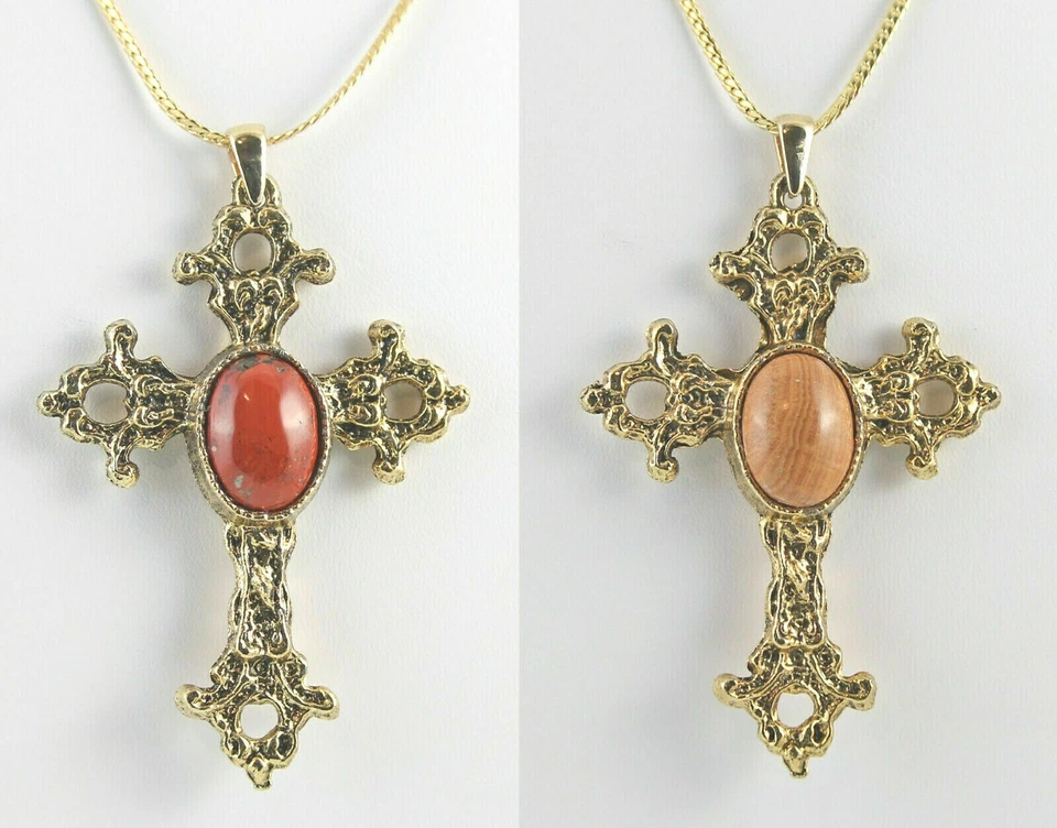 Cruz 71X50 mm con 18X13 mm Jaspe Rojo o "Madera" Ónix 24" Cadena Chapada en Oro Foto 1 de 1