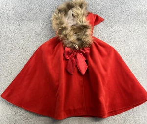 Girls Winter Christmas Cape Cloak Red With Faux Fur Hood Handmade Warm Sz 4-5T - Picture 1 of 10