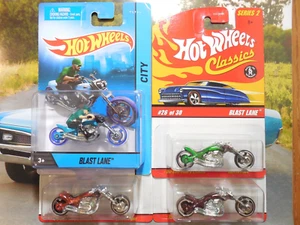 Hot Wheels Blast Lane LOT 4 MOTORCYCLE CLASSICS CITY MOTOR CYCLES HARLEY FREE SH - Picture 1 of 10