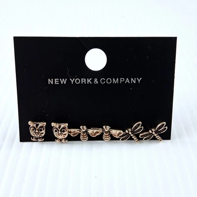 New York & Company Gold Tone Stud Earrings Trio Owls Bees Dragonflies Jewelry - Image 1 of 4