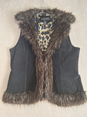 Y2K Women's Large Black Leather Vest Faux Fur Trim Western Cowgirl Festival - Image 1 of 4