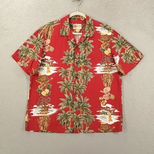 Camisa De Colección Hilo Hattie Para Hombres Grande Roja Palmeras Piñas Hula Niña Coco - Imagen 1 de 7