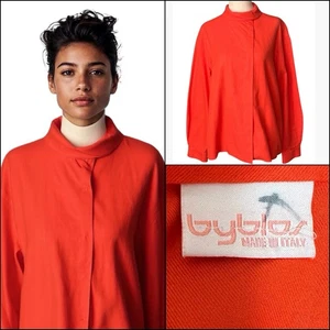 Byblos Italy Vintage Signatur Orange Baumwolle Top Bluse Damen 10 44 Hoher Stehkragen - Bild 1 von 16