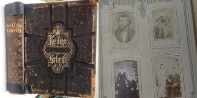 1882 antique GERMAN LEATHER BIBLE w PHOTOS lancaster pa SHARP FAMILY genealogy - Image 1 of 4