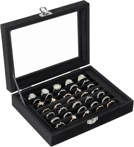 Scatola Organizer Anello in Velluto, 7 Slot Portagioie con Vetro 7 Slot, Nero  - Foto 1 di 7