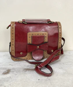 Burgundy Faux Leather Satchel NEW UNUSED Bow Detail Whimsical Rockabilly - Picture 1 of 7